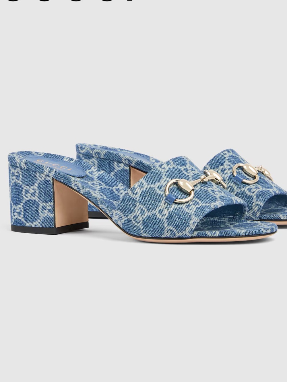 Gucci GG Denim Horsebit Slide Sandals Blue Block Heel Size 8.5 NIB